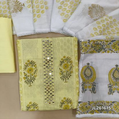 Pastel yellow block printed kota cotton unstitched salwar material, real mirror work on yoke,panel design (lining needed)cotton bottom,block printed mul cotton dupatta with lace tapping. JL261615