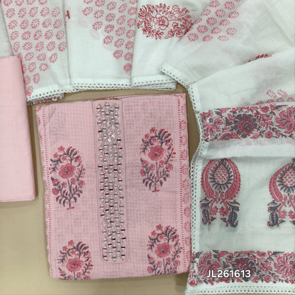 Pastel pink block printed kota cotton unstitched salwar material, real mirror work on yoke,panel design (lining needed)cotton bottom,block printed mul cotton dupatta with lace tapping. JL261613