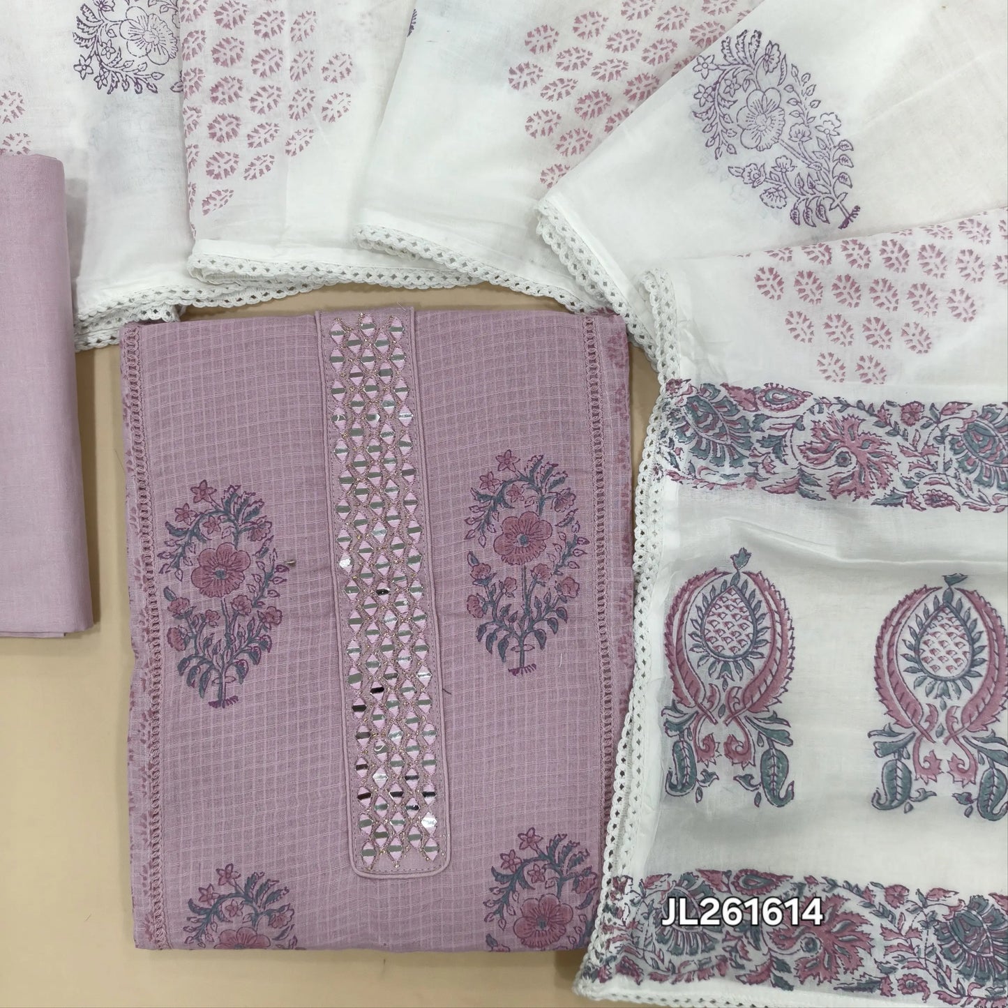 Lavender block printed kota cotton unstitched salwar material, real mirror work on yoke,panel design (lining needed)cotton bottom,block printed mul cotton dupatta with lace tapping. JL261614