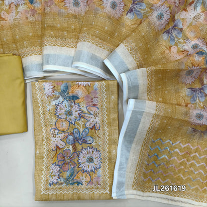 Mehandhi yellow semi linen unstitched salwar material,floral, hand embroidery,sequins work on yoke,(lining needed)spun cotton bottom,digital printed semi linen dupatta with silver tissue borders. JL261619