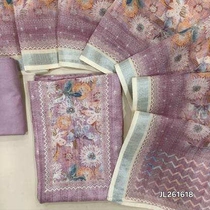 Lavender semi linen unstitched salwar material,floral, hand embroidery,sequins work on yoke,(lining needed)spun cotton bottom,digital printed semi linen dupatta with silver tissue borders. JL261618
