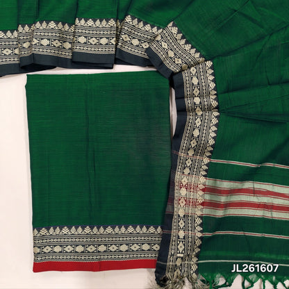 Bottle green premium mercerized handloom cotton unstitched salwar material(thin, lining needed)contrast thread woven border,mercerized handloom cotton dupatta with thread woven borders & tassels. JL261607