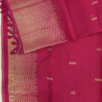 PRE ORDER TO SHIP 15 DAYS Bright pink jamdani woven premium tussar unstitched salwar material,buttas on front, gold zari weaving daman, (Thin, textured, lining needed)silk cotton bottom, buttas on full length tussar dupatta with rich pallu. JL261711