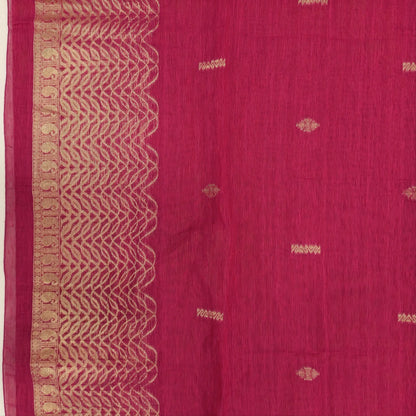 PRE ORDER TO SHIP 15 DAYS Bright pink jamdani woven premium tussar unstitched salwar material,buttas on front, gold zari weaving daman, (Thin, textured, lining needed)silk cotton bottom, buttas on full length tussar dupatta with rich pallu. JL261711