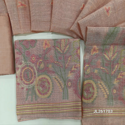 Peachish pink silk cotton unstitched salwar material, thread woven on front, weaving daman,(Lightweight, Lining Needed) silky bottom, thread weaving silk cotton dupatta with pallu. JL261703