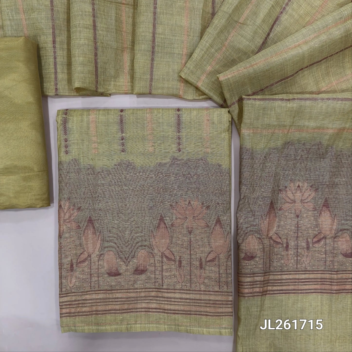 Pastel yellow silk cotton unstitched salwar material, thread and zari weaving all over, weaving daman,(Lightweight, Lining Needed) silky bottom, thread and zari woven silk cotton dupatta with pallu. JL261715