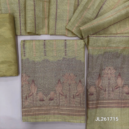 Pastel yellow silk cotton unstitched salwar material, thread and zari weaving all over, weaving daman,(Lightweight, Lining Needed) silky bottom, thread and zari woven silk cotton dupatta with pallu. JL261715
