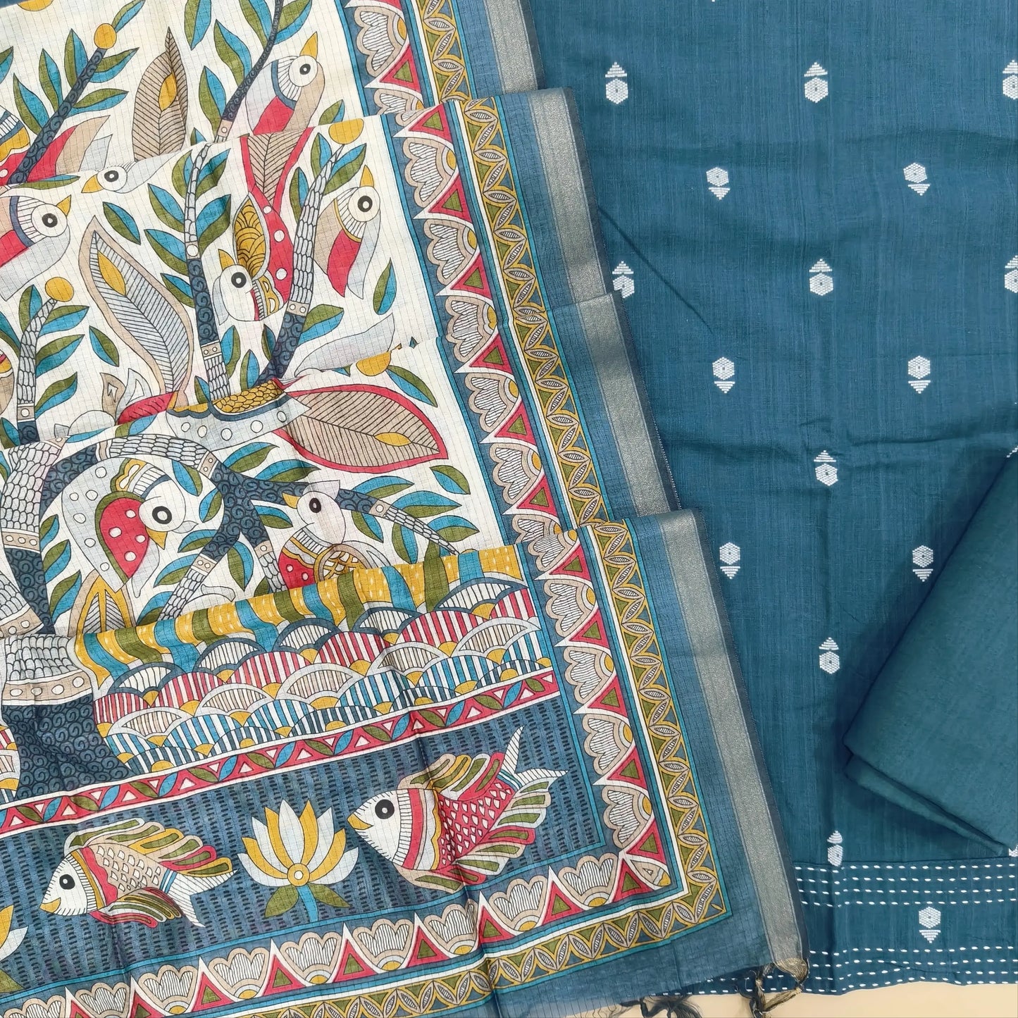 Teal blue premium handloom cotton unstitched salwar material,thread woven buttas all over, kantha stitch daman,(lining needed)cotton bottom, digital printed premium chanderi silk cotton  dupatta with tissue borders. JL261809