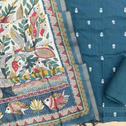 Teal blue premium handloom cotton unstitched salwar material,thread woven buttas all over, kantha stitch daman,(lining needed)cotton bottom, digital printed premium chanderi silk cotton  dupatta with tissue borders. JL261809