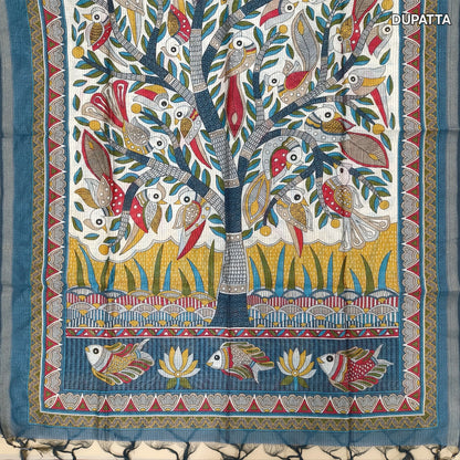 Teal blue premium handloom cotton unstitched salwar material,thread woven buttas all over, kantha stitch daman,(lining needed)cotton bottom, digital printed premium chanderi silk cotton  dupatta with tissue borders. JL261809