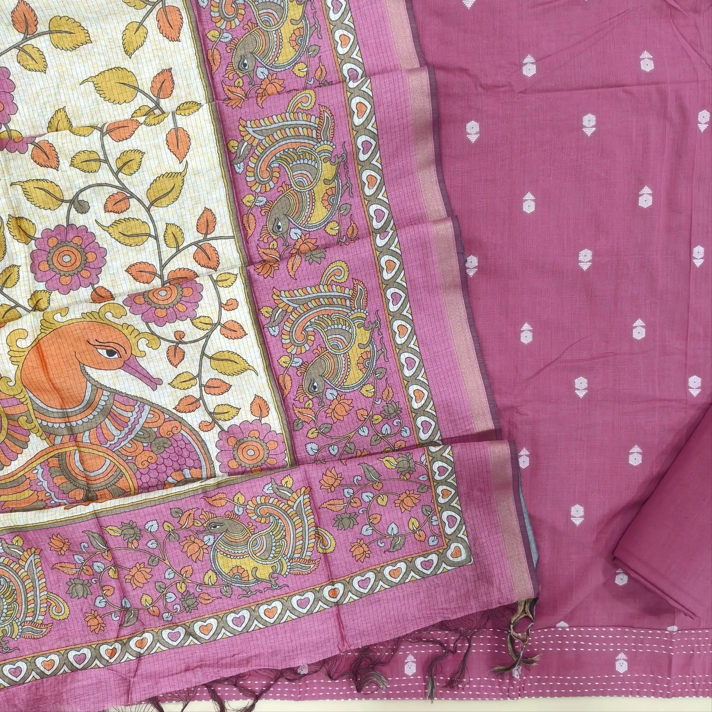 Pink premium handloom cotton unstitched salwar material,thread woven buttas all over, kantha stitch daman,(lining needed)cotton bottom, digital printed premium chanderi silk cotton dupatta with tissue borders. JL261806