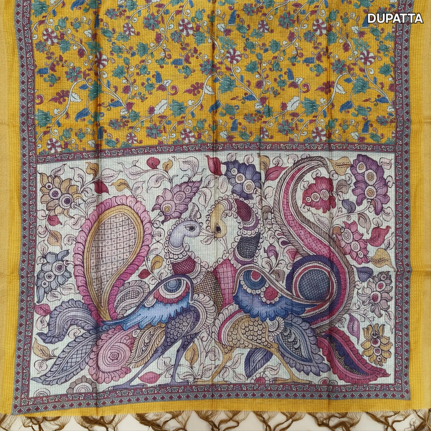 Mehandhi yellow premium handloom cotton unstitched salwar material,thread woven buttas all over, kantha stitch daman,(lining needed)cotton bottom, digital printed premium chanderi silk cotton dupatta with tissue borders. JL261808