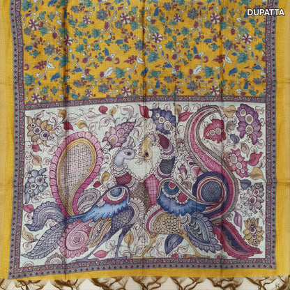 Mehandhi yellow premium handloom cotton unstitched salwar material,thread woven buttas all over, kantha stitch daman,(lining needed)cotton bottom, digital printed premium chanderi silk cotton dupatta with tissue borders. JL261808