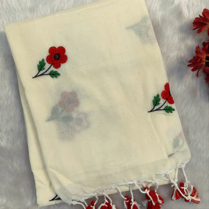 Off white mul mul cotton saree(soft, light weight)with embroidery all over, handmade tassles in pallu, running blouse. NS278