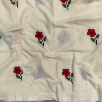 Off white mul mul cotton saree(soft, light weight)with embroidery all over, handmade tassles in pallu, running blouse. NS278
