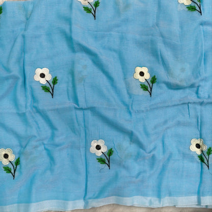 Sky blue mul mul cotton saree(soft, light weight)with embroidery all over, handmade tassles in pallu, running blouse. NS279