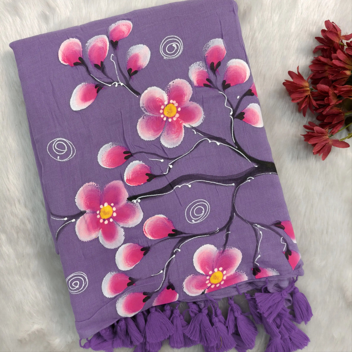 Lavender soft mul mul cotton saree(soft, light weight)with hand brush paint work all over,handmade tassles in pallu, running blouse. NS288