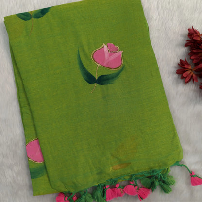 Leafy green soft mul mul cotton saree(soft, light weight)with hand brush paint work all over,handmade tassles in pallu, running blouse. NS285
