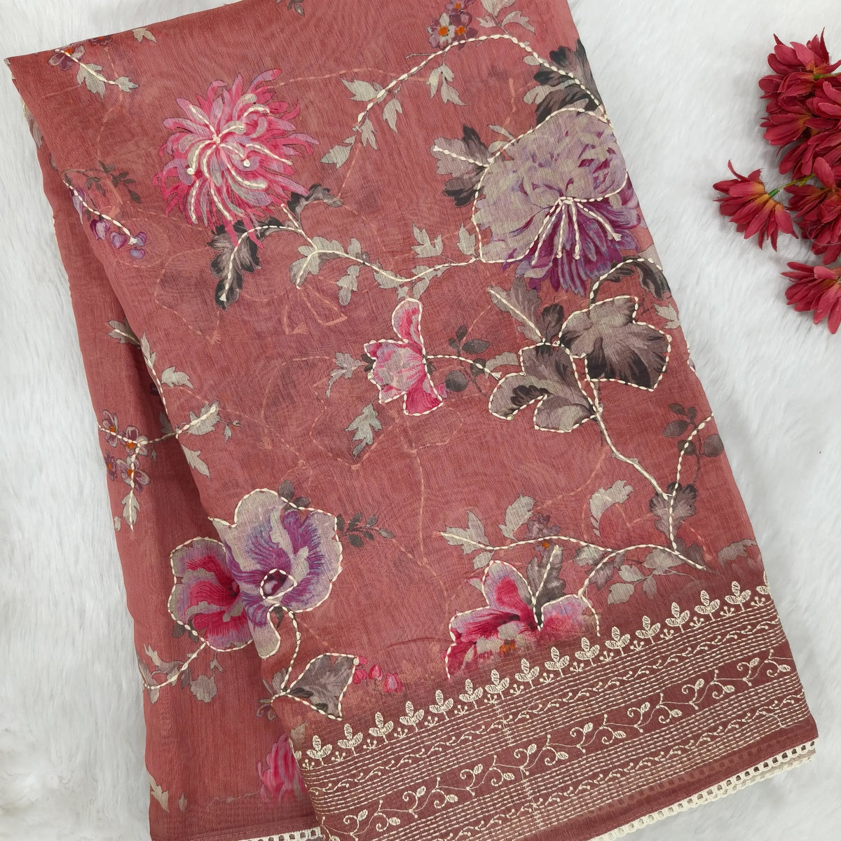 CODE NS207 : Onion pink digital printed premium soft silk cotton saree, kantha stich& sequins work all over, machine embroidered on daman, short embroidered pallu, floral printed running blouse.