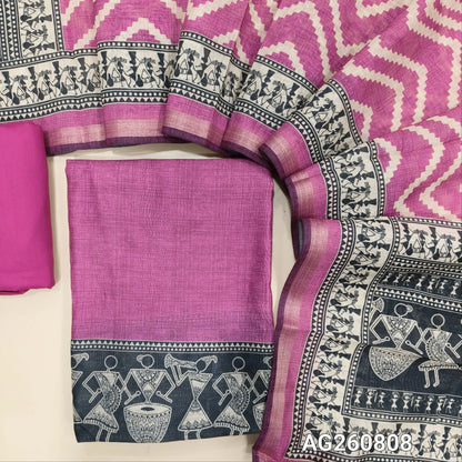Pink digital printed silk cotton unstitched salwar material,warli printed daman, (Lining Needed)spun cotton bottom, zig zag digital printed silk cotton dupatta with warli printed pallu. AG260808