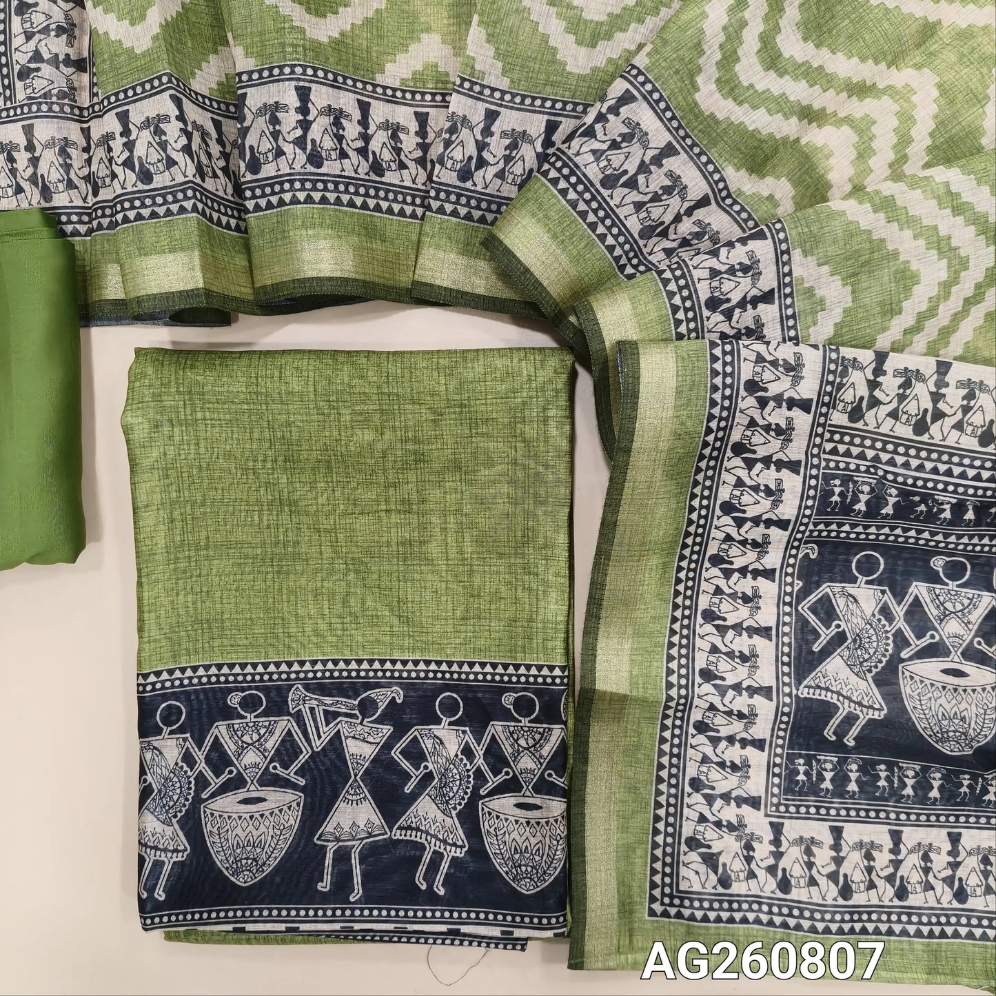 Leafy green digital printed silk cotton unstitched salwar material,warli printed daman, (Lining Needed)spun cotton bottom, zig zag digital printed silk cotton dupatta with warli printed pallu. AG260807