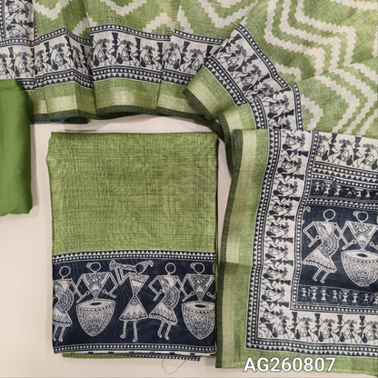 Leafy green digital printed silk cotton unstitched salwar material,warli printed daman, (Lining Needed)spun cotton bottom, zig zag digital printed silk cotton dupatta with warli printed pallu. AG260807