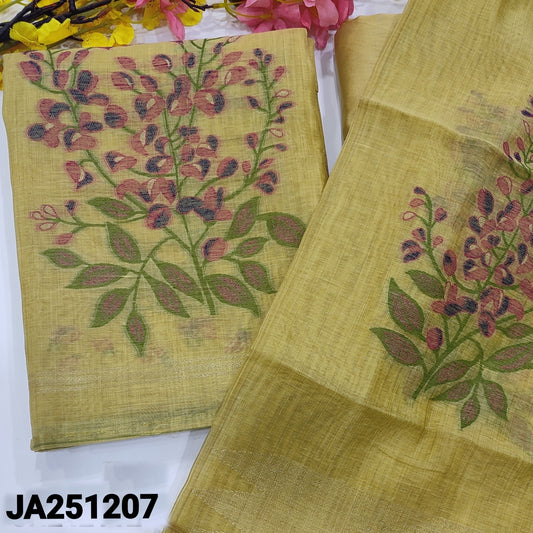 CODE JA251207 : Pastel yellow premium soft silk cotton unstitched salwar material, jamdani woven on front(thin fabric, lining needed)matching silky bottom, silk cotton dupatta with jamdani weaving design, gold tissue border& tassels.