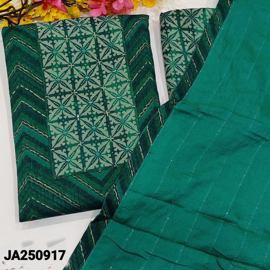 CODE JA250917 : Dark teal green zigzag printed liquid fabric unstitched salwar material, mirror work on yoke(lining optional)printed liquid fabric bottom, soft fancy silk cotton dupatta with sequins work& tapings.