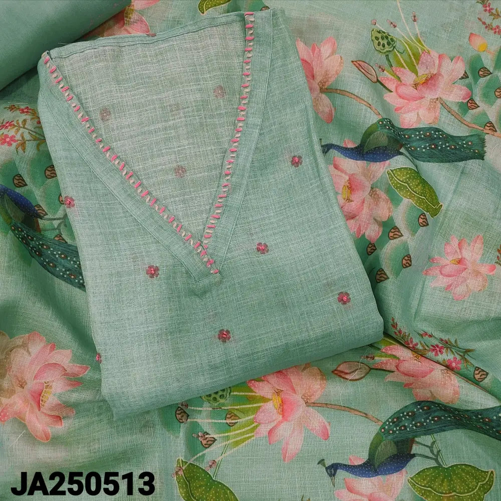 CODE JA250513: Pastel blue with golden tint pure tissue linen unstitched salwar material v neck thread work all