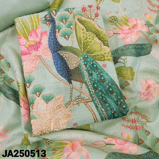 CODE JA250513 : Pastel blue with golden tint pure tissue linen unstitched salwar material, v neck, thread work all over(thin, lining needed)rich peacock design on daman, matching santoon bottom, printed tissue linen dupatta with scallop edges.