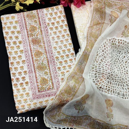 CODE JA251414 : Half white base hand block printed pure soft cotton unstitched salwar material(lining needed)block printed cotton bottom, hand block printed pure mul cotton full length dupatta with crochet lace work.