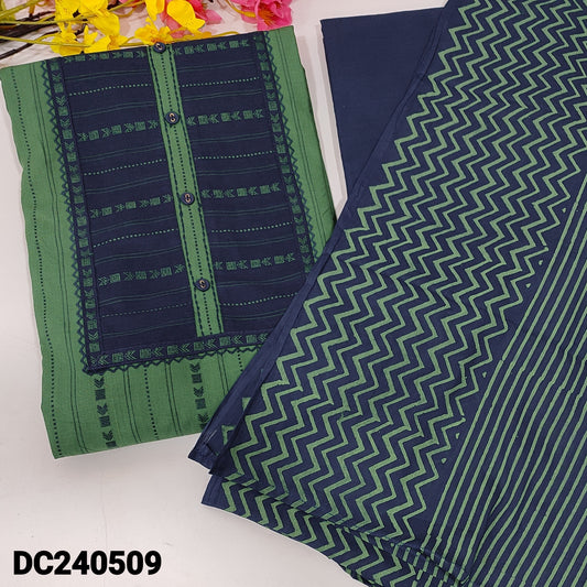 CODE DC240509 : Sobar green premium dobby cotton unstitched salwar material, thread work on yoke& front(lining optional)blue drum dyed pure soft cotton bottom, block printed pure mul cotton dupatta.