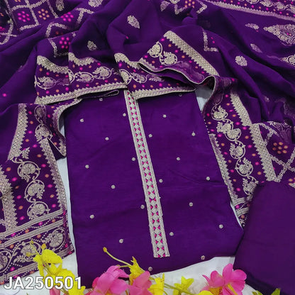 CODE JA250501: Dark purple designer pure dola silk unstitched salwar material zari& sequins work on yoke& front(silky