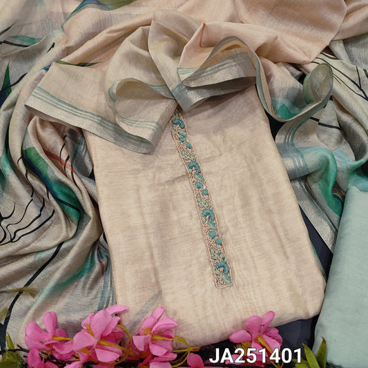 CODE JA251401 : Rich beige designer digital printed premium silk cotton unstitched salwar material, hand embroidered on yoke& front(thin fabric, lining needed)pastel blue santoon bottom, leafy printed premium silk cotton dupatta.