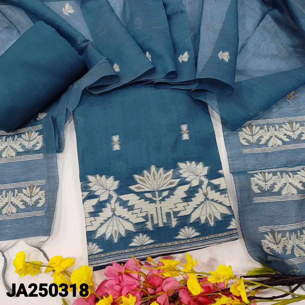 CODE JA250318: Bluish grey jamdani woven premium silk cotton unstitched salwar material(thin fabric lining