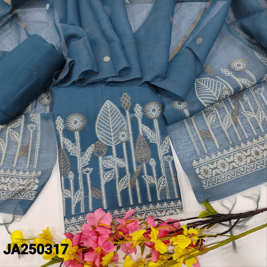 CODE JA250317 : Bluish grey jamdani woven premium silk cotton unstitched salwar material(thin fabric, lining needed)matching santoon bottom, jamdani woven premium silk cotton dupatta.