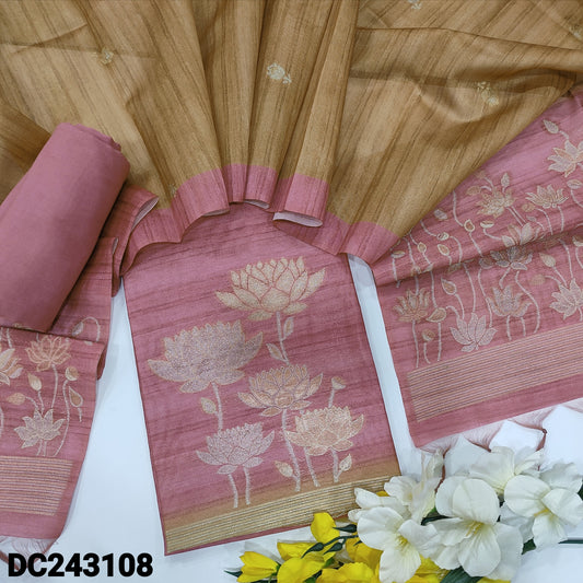 CODE DC243108 : Pink jamdani woven semi jute silk unstitched salwar material(thin fabric, lining needed)matching santoon bottom, jamdani woven dual shaded semi jute silk dupatta.