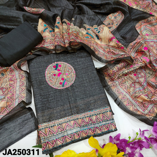 CODE JA250311 : Dark elephant grey designer digital printed premium jute silk unstitched salwar material, thread work on front(thin fabric, lining needed)matching santoon bottom, digital printed premium jute silk full length dupatta.