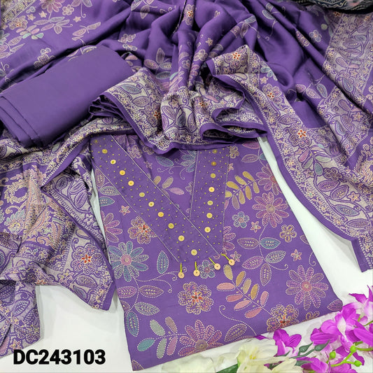 CODE DC243103 : Purple floral printed modal maslin unstitched salwar material, v neck with bead& sequins work(lining needed)matching silky bottom, floral printed modal maslin full length dupatta.