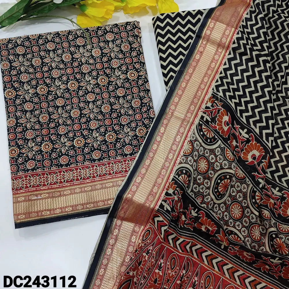 CODE DC243112: Black printed premium cotton unstitched salwar material(lining optional)zigzag printed cotton bottom
