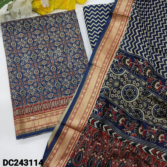 CODE DC243114 : Dark blue printed premium cotton unstitched salwar material(lining optional)zigzag printed cotton bottom, zigzag printed pure cotton dupatta with borders.