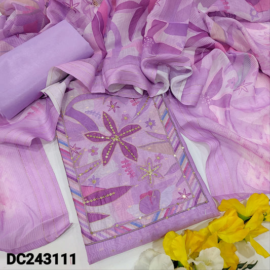 CODE DC243111 : Lavender soft silk cotton unstitched salwar material, zari& sequins work on yoke, zari buttas all over(thin fabric, lining needed) matching silky bottom, digital printed soft silk cotton dupatta.