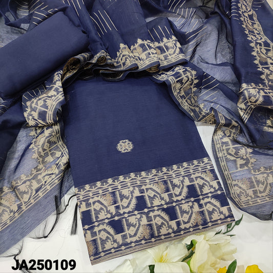 CODE JA250109 : Dark blue jamdani woven premium silk cotton unstitched salwar material(thin fabric, lining needed)matching santoon bottom, jamdani woven premium silk cotton full length dupatta.