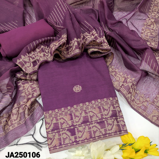 CODE JA250106 : Dark purple jamdani woven premium silk cotton unstitched salwar material(thin fabric, lining needed)matching santoon bottom, jamdani woven premium silk cotton full length dupatta.