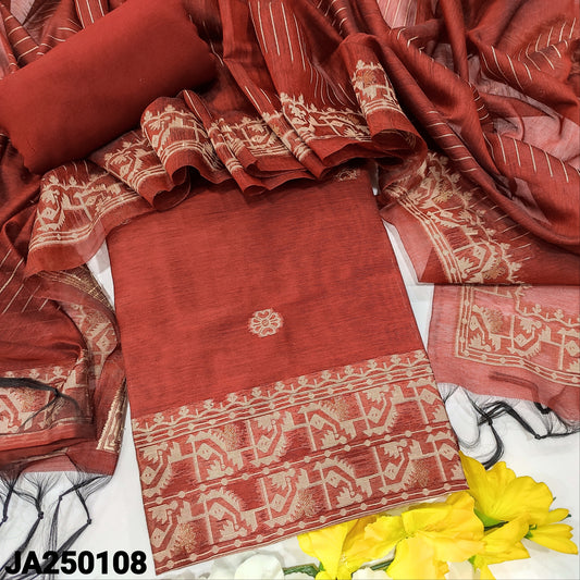 CODE JA250108 : Dark maroon jamdani woven premium silk cotton unstitched salwar material(thin fabric, lining needed)matching santoon bottom, jamdani woven premium silk cotton full length dupatta.