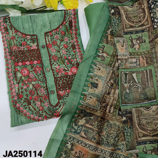 CODE JA250114 : Green designer digital printed silk cotton unstitched salwar material, heavy hand embroidered on yoke(thin fabric, lining needed)matching santoon bottom, digital printed silk cotton dupatta.