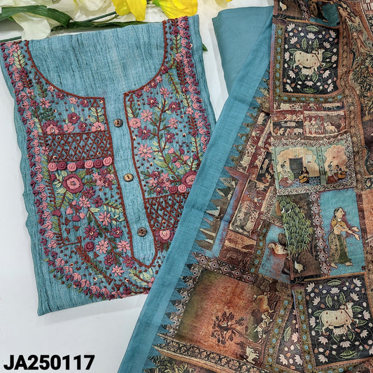 CODE JA250117 : Bluish grey designer digital printed silk cotton unstitched salwar material, heavy hand embroidered on yoke(thin fabric, lining needed)matching santoon bottom, digital printed silk cotton dupatta.