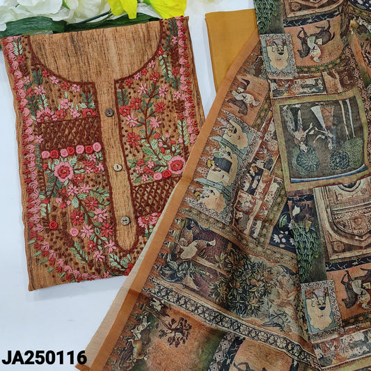 CODE JA250116 : Mehandhi yellow designer digital printed silk cotton unstitched salwar material, heavy hand embroidered on yoke(thin fabric, lining needed)matching santoon bottom, digital printed silk cotton dupatta.