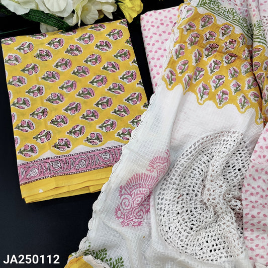 CODE JA250112 : Yellow hand block printed pure cotton unstitched salwar material(lining needed)printed cotton bottom, hand block printed pure mul cotton dupatta with crochet lace work.