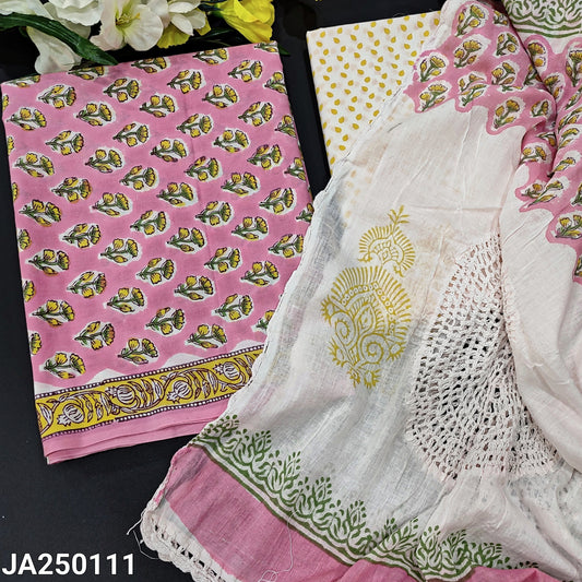 CODE JA250111 : Pink hand block printed pure cotton unstitched salwar material(lining needed)printed cotton bottom, hand block printed pure mul cotton dupatta with crochet lace work.